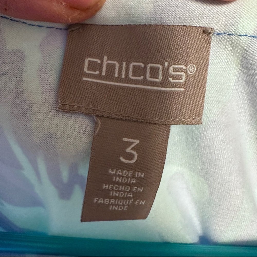 Chico’s Size 3 Blue Green Tropical Leaf Print Short Sleeve Shift Dress - Picture 7 of 13
